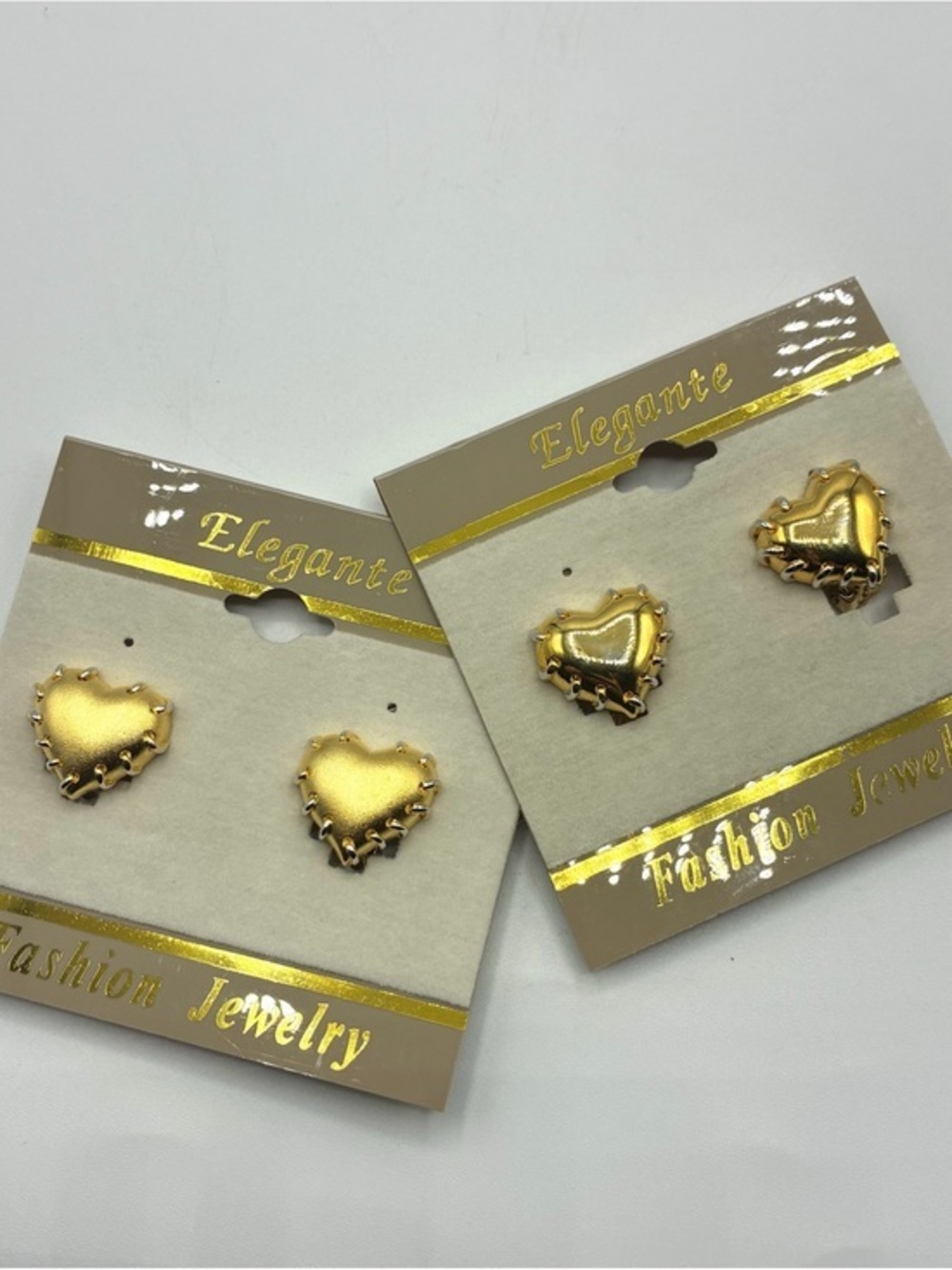 Vintage Gold Tone Heart Clip On Earrings Lot of 2 Pairs NOS Matte & Shiny